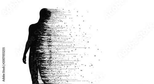 Fotografi Human silhouette dissolving into digital binary code particles on a clean white