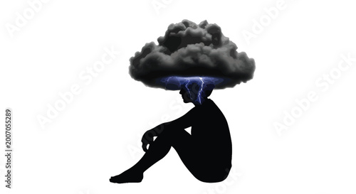 Fotografie Silhouette of a depressed person sitting with a dark stormy rain cloud over thei