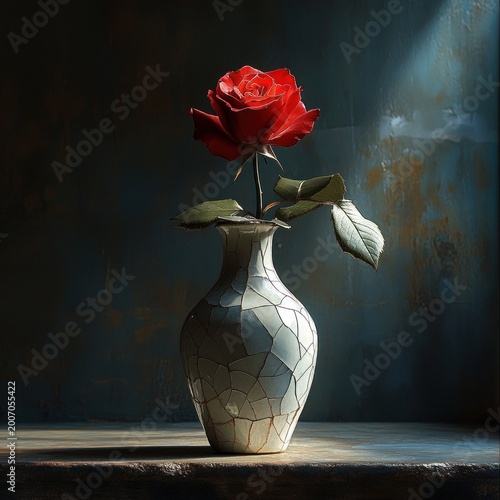 Single red rose with green leaves in a cracked mosaic ceramic vase on a wooden table against a textured blue wall, bathed in dramatic moody light conveying quiet elegance and wistful solitude