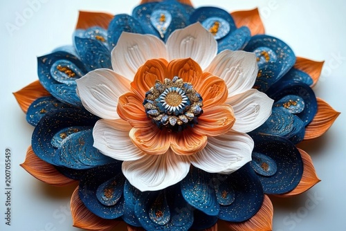 ornate layered handmade paper flower with blue, white and orange pleated petals, gold glitter accents and jeweled center, elegant decorative centerpiece