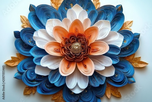 intricate layered paper quilled flower with blue, white, and orange petals, golden leaves and glittering center conveying elegance and joy