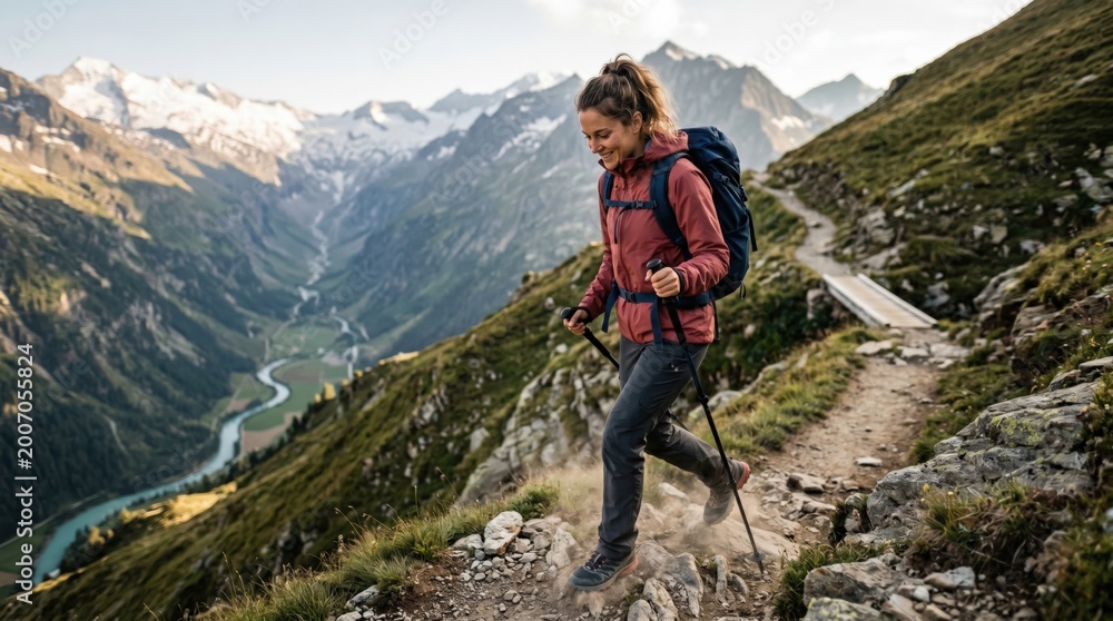 Fototapeta premium Young woman hiking on a mountain trail with trekking poles and backpack in the Alps
