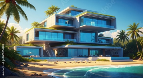 Modern luxury beachfront villa with infinity pool and tropical palm trees at sunset