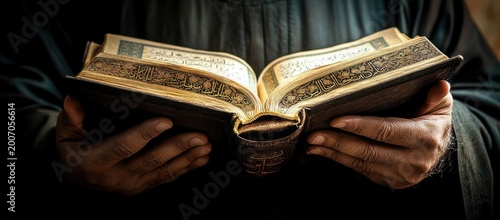 hands holding an open ornate antique book with arabic calligraphy in warm light, reverent contemplative mood