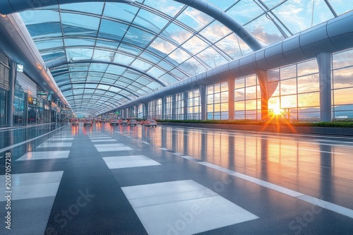sunlit modern airport terminal with curved glass roof, expansive polished walkway, large panoramic windows at sunset, distant travelers, calm and futuristic atmosphere