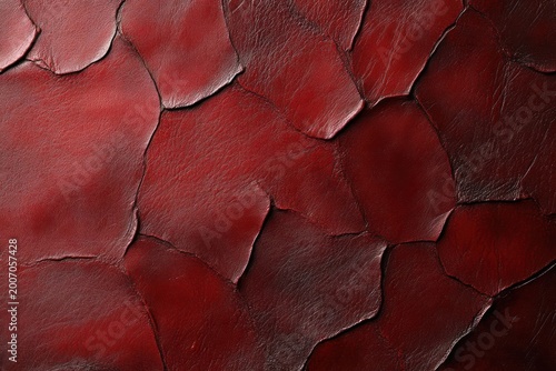 close-up of dark red cracked peeling surface with layered leathery segments and curled edges, dramatic moody texture