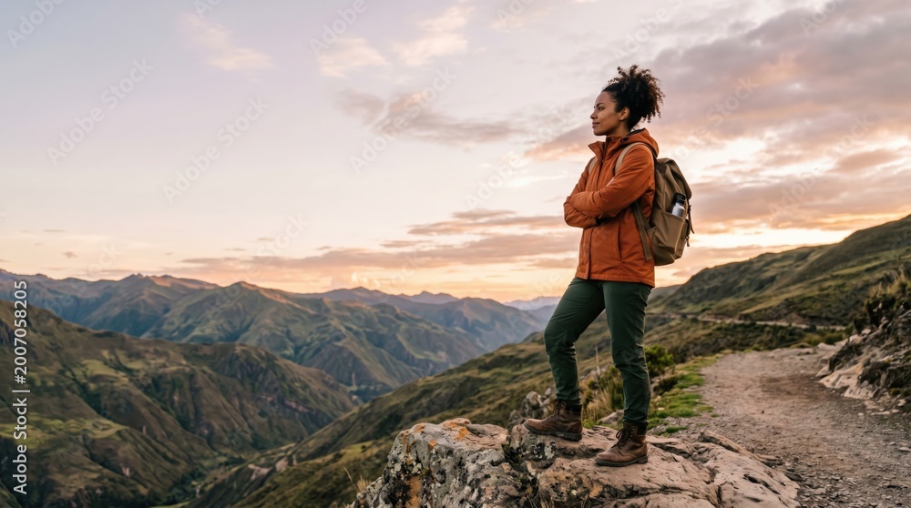 Fototapeta premium Young Black Woman Hiking in Andes Mountains at Sunset