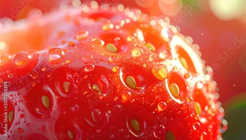 Macro photography of a ripe strawberry covered in sparkling water droplets, highlighting its vibrant red color and texture with a soft bokeh background