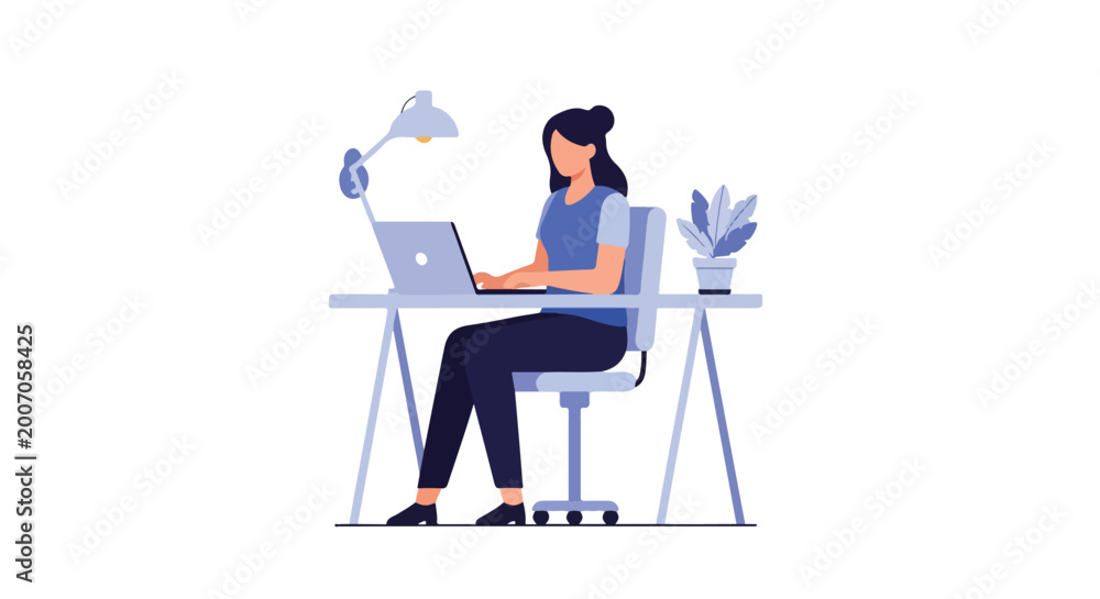 Fototapeta premium A woman sits at a desk working on her laptop with a desk lamp and a potted plant nearby in a professional flat vector illustration.