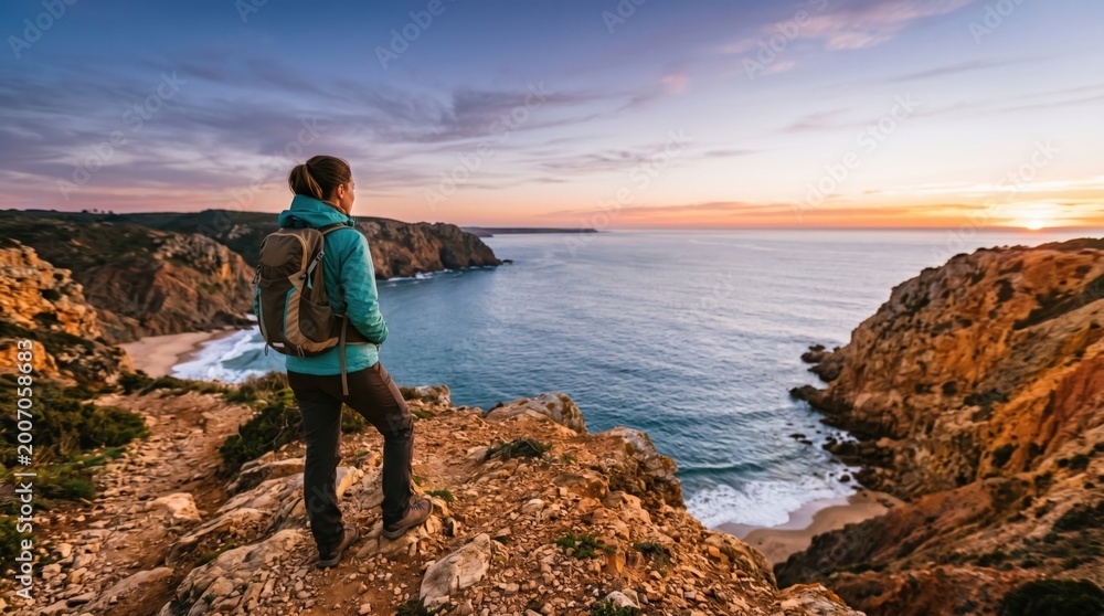 Fototapeta premium Young woman hiker with backpack standing on cliff edge overlooking ocean at sunset