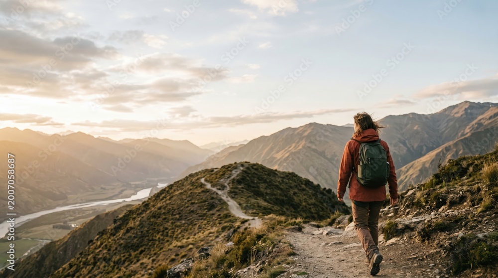 Obraz premium Young woman hiking on mountain trail at sunset with backpack