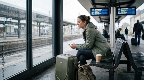 Young woman waiting for train at station platform with luggage and coffee