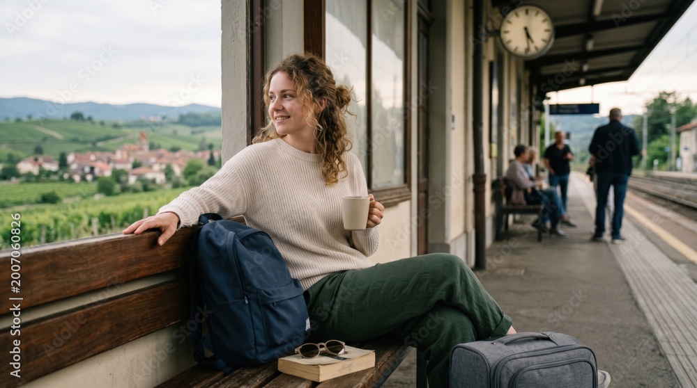 Naklejka premium Young woman waiting for train at scenic station with coffee and book