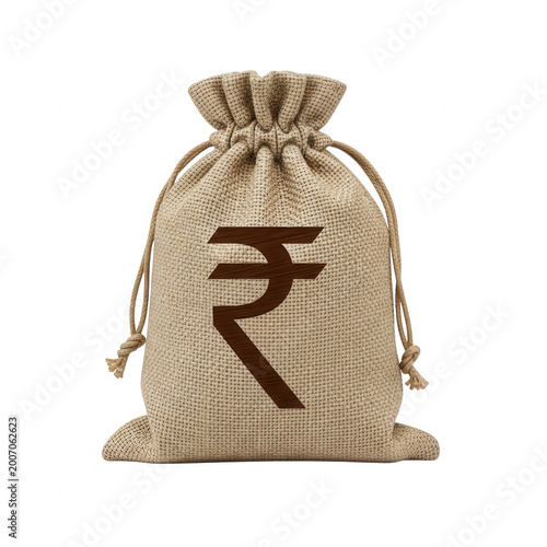 Indian rupee coin symbol in a burlap pouch