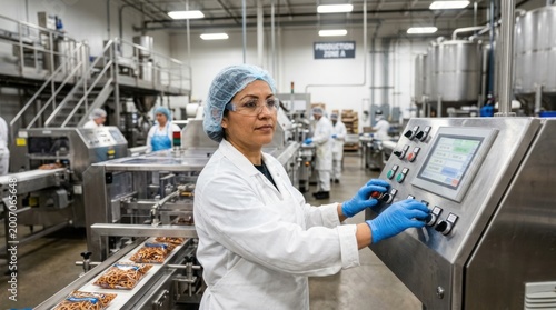 A woman in a white lab coat and blue gloves operates a control panel in a large, modern food production facility. She wears glasses and a surgical cap.