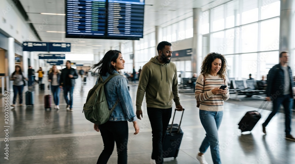 Fototapeta premium Diverse Young Friends Walking Through Airport Terminal with Luggage and Smartphones