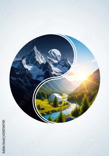 A black and white yin yang symbol featuring a snowy mountain range in the dark half and a bright sunlit valley in the white section, night, peak, harmony