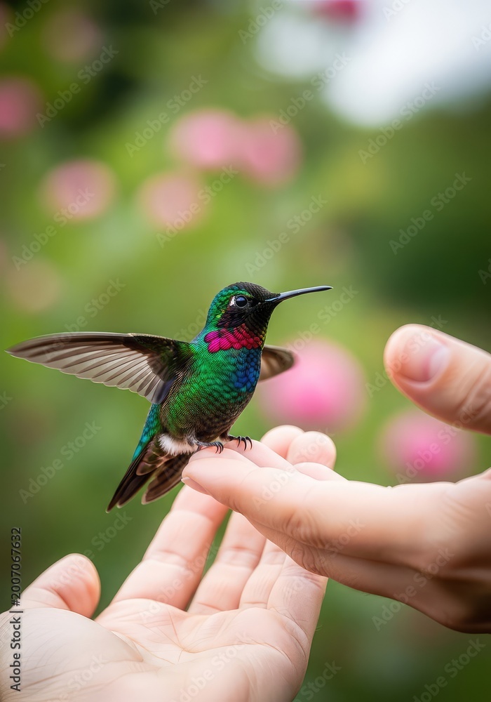 Fototapeta premium A delicate iridescent hummingbird gently perches on an outstretched palm, displaying vibrant feathers against a soft bokeh garden backdrop, avian, summer, nature