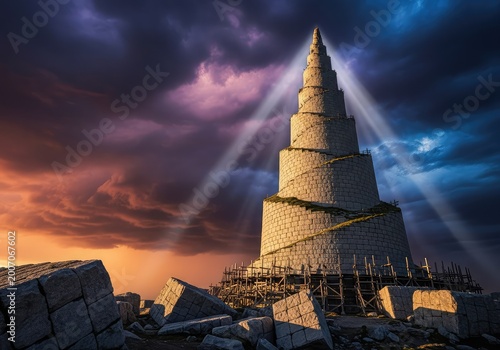 A colossal unfinished stone monument spiraling into storm clouds, surrounded by scattered masonry and broken scaffolding under a vast sky, spiral, clay, desert