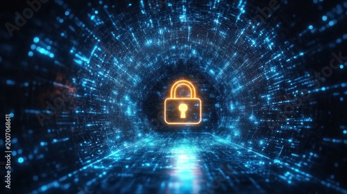 Glowing golden padlock at the center of a blue digital data tunnel with neon light streaks and reflective floor conveying futuristic security and protection