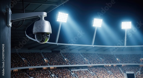 A modern surveillance camera is mounted high above a vast stadium arena, overlooking thousands of occupied seats under bright floodlights, scanning, optical, equipment