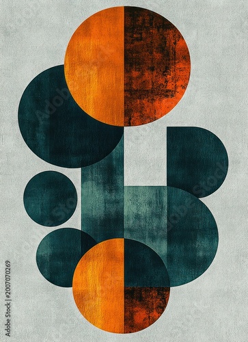Stacked textured geometric composition of teal circles and rounded rectangles with two orange half-circles on a muted background, balanced and modern