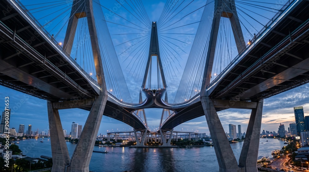 Naklejka premium Bangkok cityscape with Chao Phraya River bridge at dusk Thailand