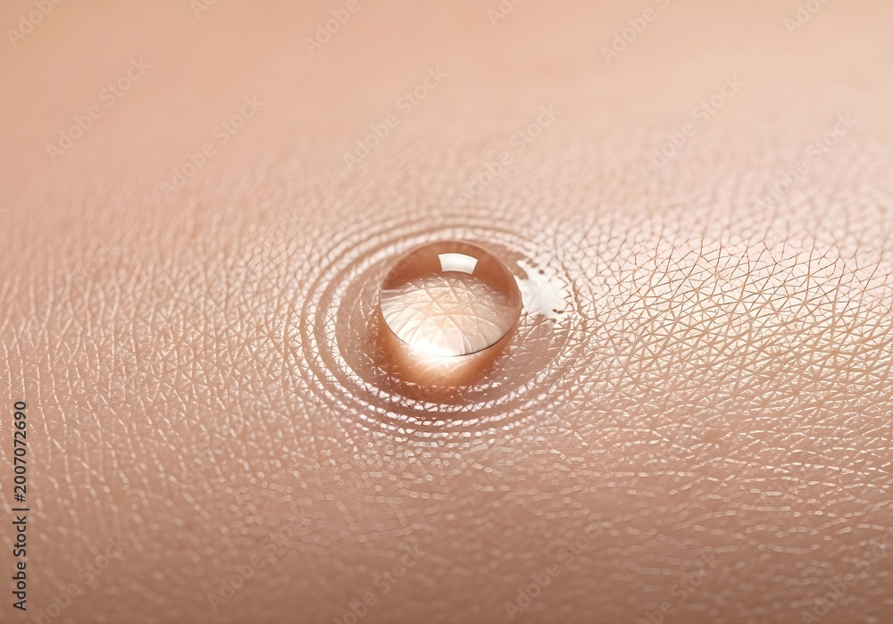 Fototapeta premium Macro shot of a single clear water drop on human skin surface with ripple effect for skincare concept.