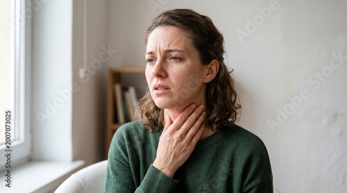 Woman with sore throat, difficulty swallowing, and pain in her neck