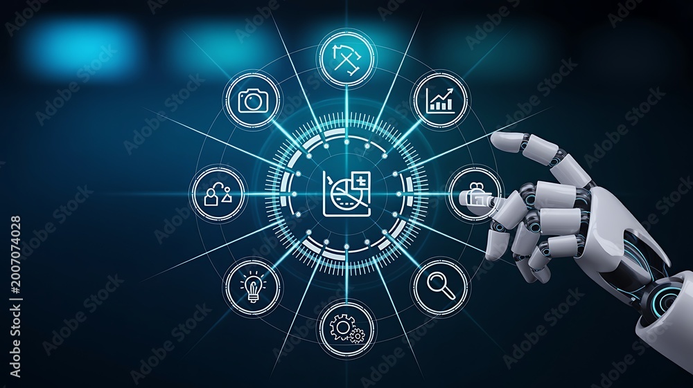 Fototapeta premium A robotic hand interacts with futuristic interface icons on a dark technological background with glowing elements.