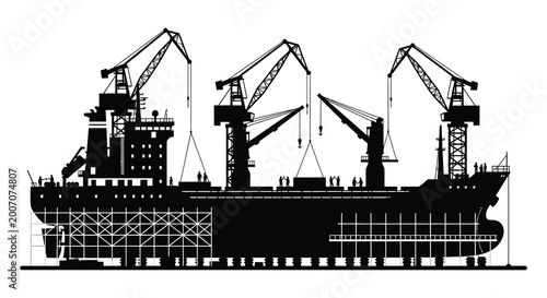 Cargo ship in dry dock with cranes and scaffolding black silhouette high quality professional detailed modern elegant stylish clean crisp vibrant