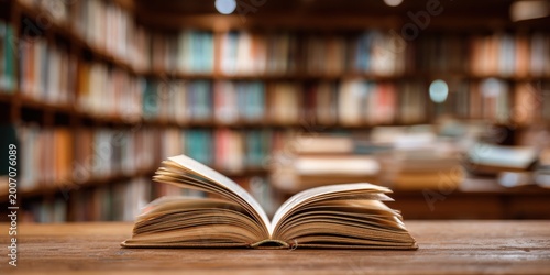 An open book rests on a wooden table in front of a blurred library bookshelf background.