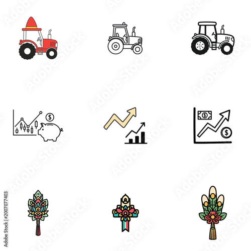 Seamless agricultural vector pattern with tractors and arrows