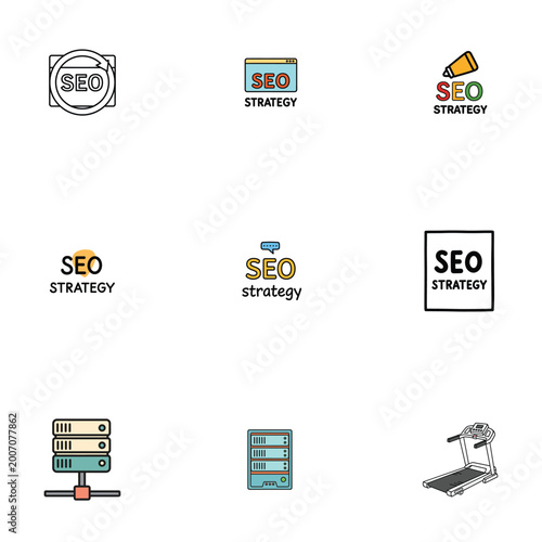 SEO Strategy Digital Icons with Glitch Effect and Halftone Patterns