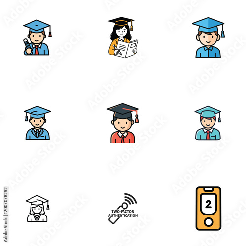 Educational Background with Student Icons and Blue Geometric Grid