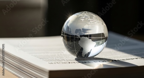 A shiny glass globe rests on a book's pages indoors.