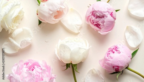 Pink and white peonies with petals, soft pastel background, blooming flowers, floral arrangement, fresh peony blossoms, close-up of peony flowers