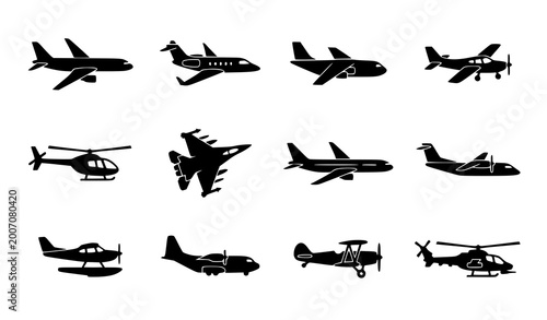 Photos Black airplane silhouette icon set with jet cargo helicopter and plane types tra