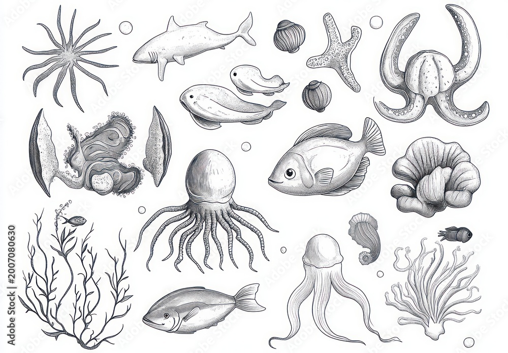 Obraz premium Hand-drawn black and white marine study of octopus, jellyfish, squid, fish, shark, whale, seahorse, shells, coral, seaweed, anemone and bubbles evoking calm curiosity