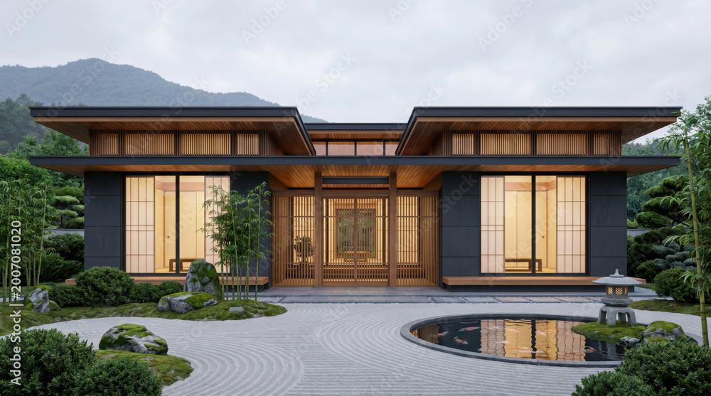 Fototapeta premium Japanese modern villa with zen garden and koi pond, luxury oriental architecture with shoji sliding doors and wood accents, contemporary asian house exterior in mountain landscape setting.
