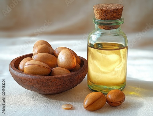 Wooden bowl of unshelled nuts with a few kernels beside a corked glass bottle of golden oil on white cloth, soft warm light creating a cozy natural calm