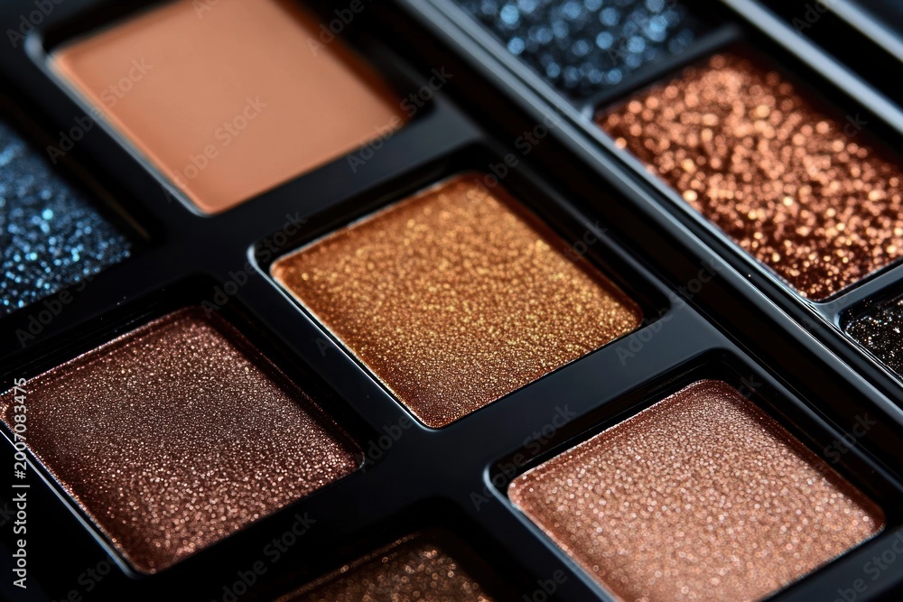 Fototapeta premium Close-up of shimmering bronze and copper eyeshadow pans in a glossy black palette, warm metallic sparkle and luxurious glamorous makeup texture