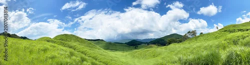 Panel kuchenny z motywem 新緑の丘陵草原と青空に広がる雲のパノラマ風景