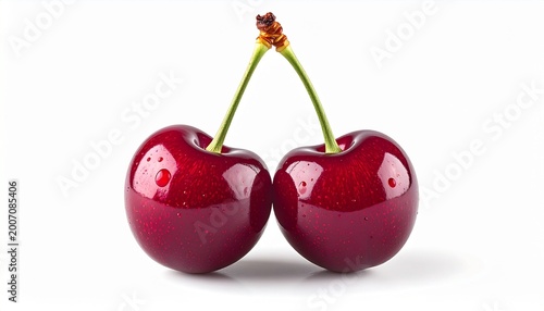 Two ripe cherries with green stems attached are sitting side by side.