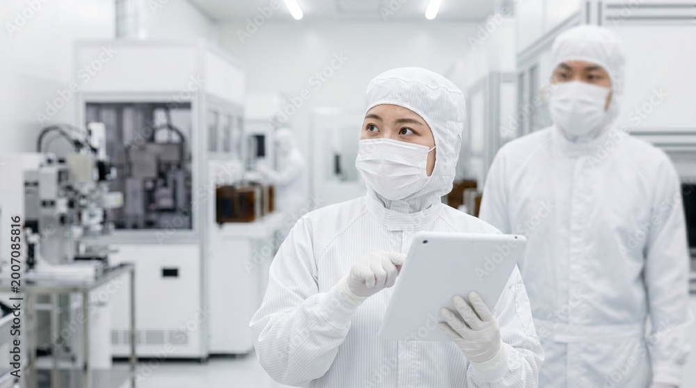 Naklejka premium 日本人半導体製造の若年女性技術者がクリーンルームでタブレットを持ち考え、背景に中年男性エンジニアが控える様子、精密機械工場の清潔な空間と背景余白