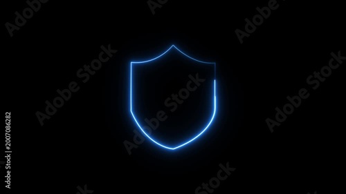 Shield icon security neon glowing blue animation on a black background.