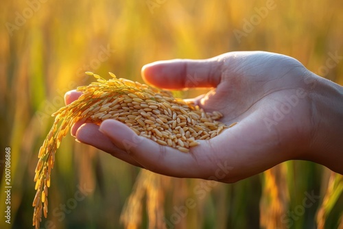 hand holding golden rice grains and a rice panicle in a sunlit field, backlit warmth conveying care, abundance and harvest