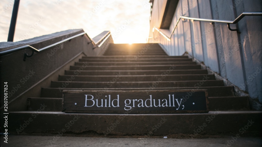 Fototapeta premium Inspirational Staircase with 'Build Gradually' Message at Sunrise, Symbolizing Progress and Ambition