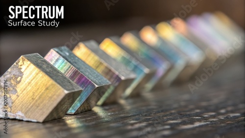 Close-up Macro of Metallic Fragments Showing Iridescent Gradient Colors on a Textured Surface