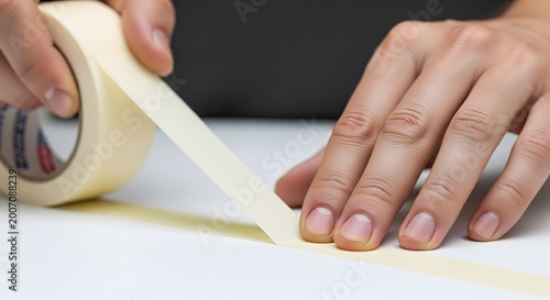 A person's hands meticulously applying a strip of beige masking tape to a clean white surface, demonstrating precision and careful work.